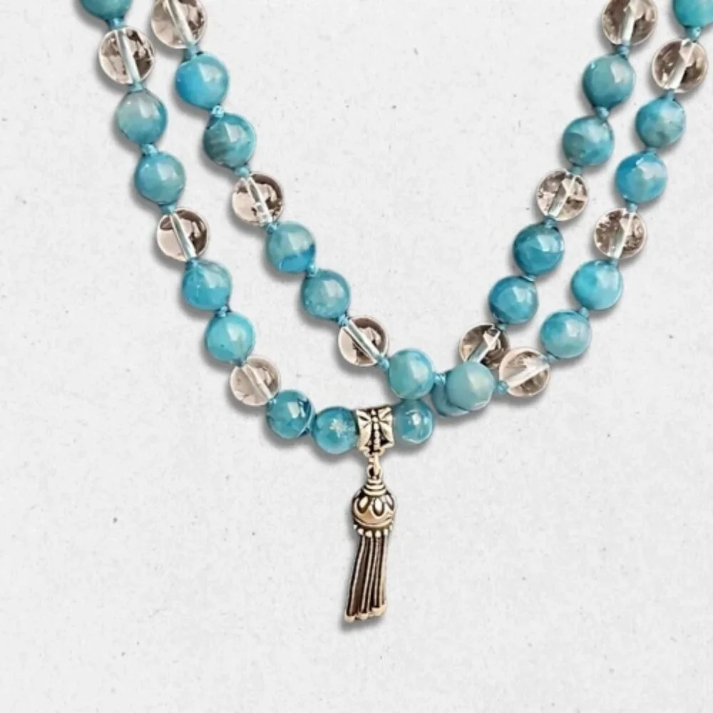 Stone Clear Glass Hand Knotted Necklace Tassel Pendant No Clasp Blue/Clear W OS